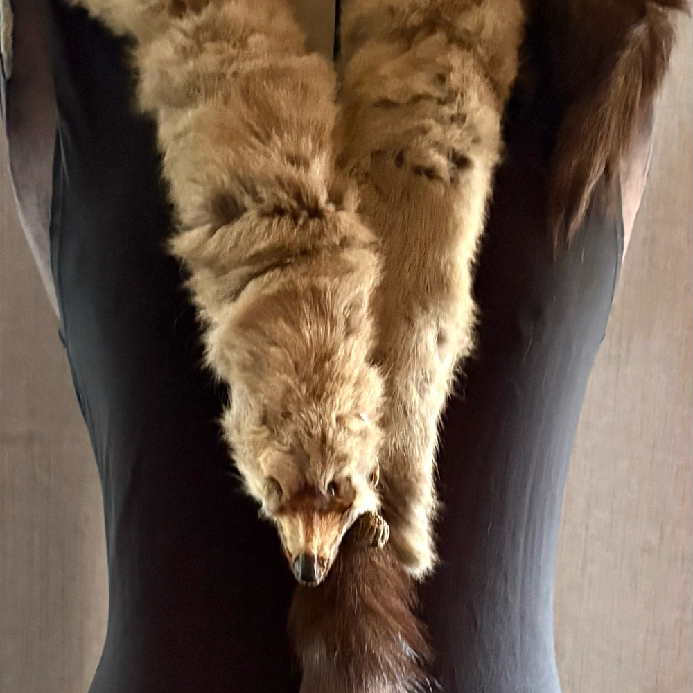 Vintage Fox Fur Stole Wrap w Heads Tails Ring Closure Brown Mid Century